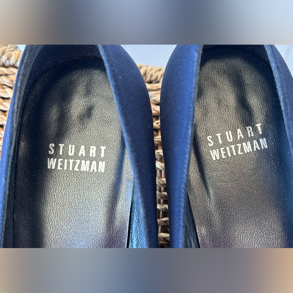 Stuart Weitzman Textured Satin Spoon Heels Square Toe Navy Size‎ 6.5M - Picture 6 of 10